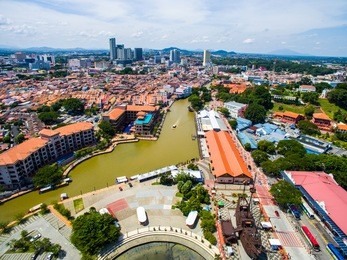aerial view of the malacca river flowing through in between the busy city of malacca