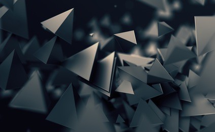 abstract 3d rendering of chaotic low poly shapes. flying polygonal pyramids in empty space. futuristic background with bokeh effect. poster design.