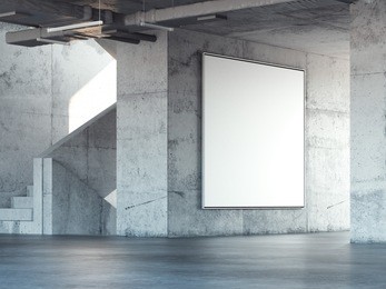 concrete stairway with big blank square billboard. 3d rendering