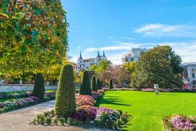 warm autumn day in the beautiful gardens of flowers, shrubs, trees and green space in retiro park of madrid, spain.  bright sunshine on unusually warm november day.  