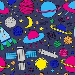 cute seamless pattern with hand drawn space items.
