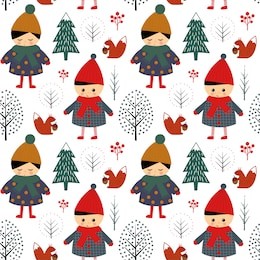 cute boy and girl walking in winter forest seamless pattern on white background. christmas scandinavian style nature illustration. winter forest with children design for textile, wallpaper, fabric.