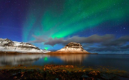 aurora( northern light) and snowy mountain in iceland