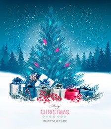 holiday background with a blue christmas tree and presents. vector