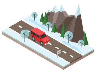 isometric countryside. winter road. car goes through rocks and trees