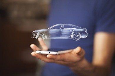 businessman hand phone and car on white background