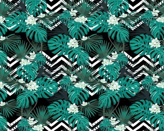 turquoise tropical leaves and white flowers on black background. white zigzag background. exotic seamless pattern. vector botanical print.