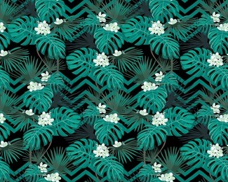 turquoise tropical leaves and white flowers on black background. turquoise zigzag background. exotic seamless pattern. vector botanical print.