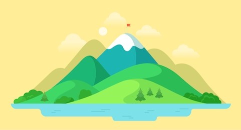 flat beautiful mountain peak, nature water landscape vector illustration. summer season vacation concept.