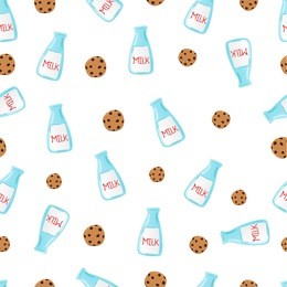 doodle seamless pattern with cartoon chocolate chip cookies and bottle of milk on light background. 