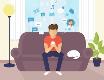 young man sitting on the sofa at home interior and working with laptop. flat modern illustration of young student chatting in social networking and texting to friends