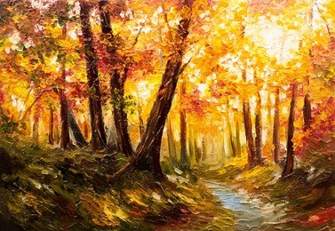 oil painting landscape - autumn forest near the river, orange leaves