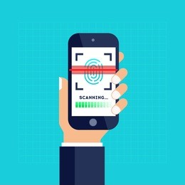 scan fingerprint on mobile phone. identification system. biometric authorization and business security concept. illustration of mobile application scanning fingerprint. vector icon in flat style
