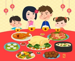 happy chinese new year reunion dinner with happy family set one. small translation: prosperity