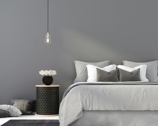 3d illustration. the interior of gray bedroom with a wooden table