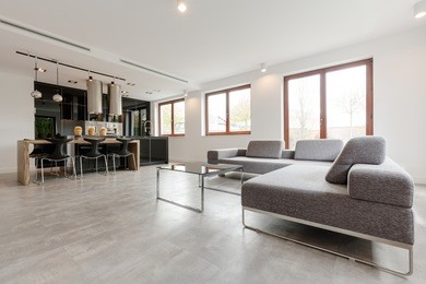 shof of a stylish living room combined with a kitchen and dining area
