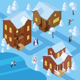 isometric winter houses with people. christmas scene