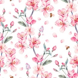 vintage watercolor spring garden seamless background with pink flowers blooming branches of cherry, peach, pear, sakura, apple trees and butterflies, isolated botanical illustration.