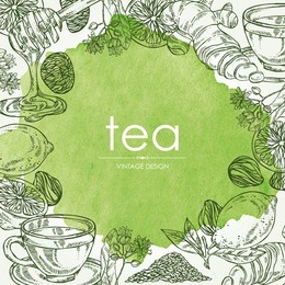 watercolor background with tea, cup of tea, linden flower, lemon, ginger and honey. hand drawn.