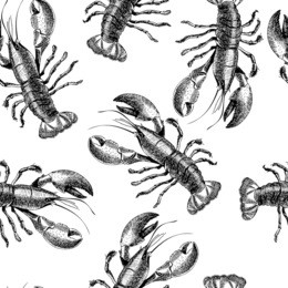 vector seamless pattern of seafood. isolated lobster. hand drawn engraved icons. delicious food menu objects. use for restaurant, promotion, market, store, banner