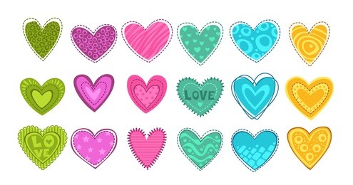 funny colorful hearts patch set. vector decorative elements.