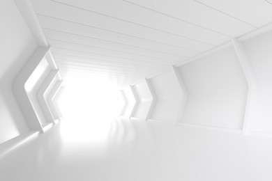 abstract white tunnel with illuminated light and shining. futuristic concept and empty space. 3d render