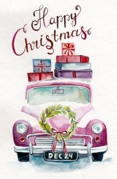 christmas car watercolor pink
