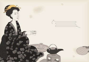 woman drinking tea- japanese style drawing
