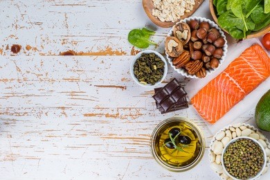 selection of nutritive food - heart, cholesterol, diabetes, copy space