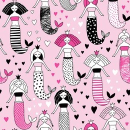 cute hand-drawn seamless pattern with mermaid