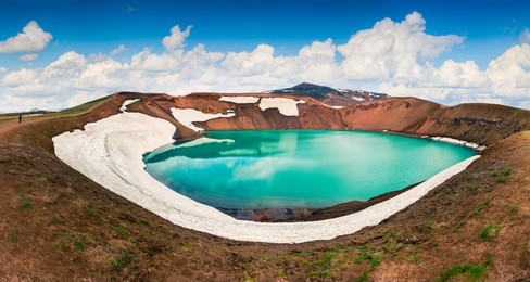colorful summer panorama of crater pool of krafla volcano. dramatic morning scene in the northeast iceland, myvatn lake located, europe. artistic style post processed photo.