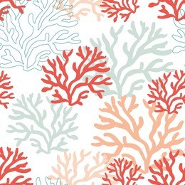 red, pink and mint corals on the white background. vector seamless pattern with tropical reef. nautical doodles.