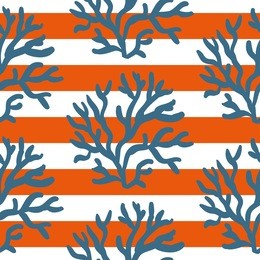 blue corals on the striped nautical background. vector seamless pattern with tropical reef. nautical doodles.