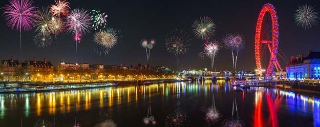 panorama of thames river in london with fireworks. celebration of the new year in london, uk 