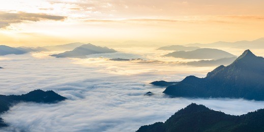 sunrise and sea of mist, view from phucheefa forest park mountain at phucheefa,chiangrai province ,north of thailand. " the peak of moutain point to the sky "