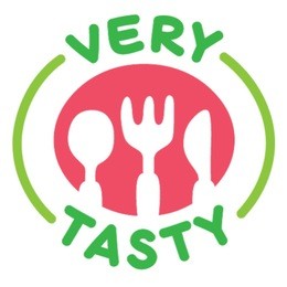 very tasty logo with illustration of funny children spoon, fork and knife, in the shape of stylized round or oval stamp