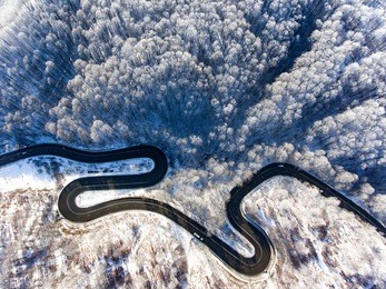 cars on road in winter with snow covered trees aerial view