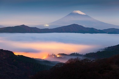 mt.fuji and sea of mist above lake ashi at hakone in autumn early morning