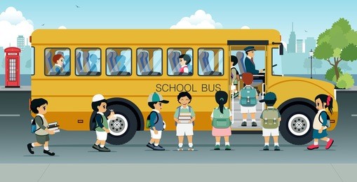students are walking on the bus parked on the street.

