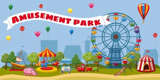 amusement park landscape concept. cartoon illustration of amusement park landscape. carnival ferris and kids vector concept for web