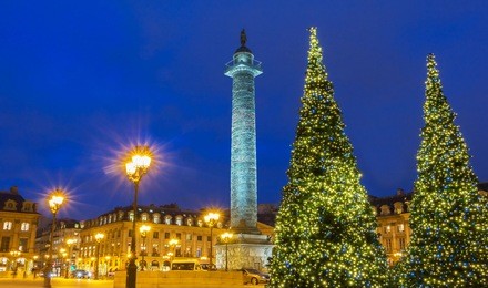 the place vendome decorated for christmas at night, paris, france.