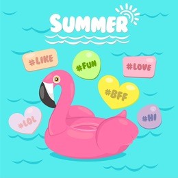 flamingo pool float with pool background, hashtag, social media