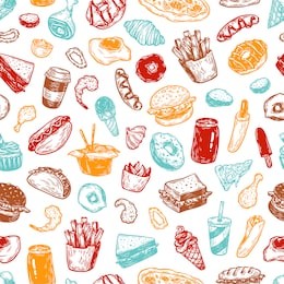 fast food pattern. hand drawn vector pattern. junk, unhealthy food. burger, dessert, pizza, hot dog, soda, french fries, sauce.