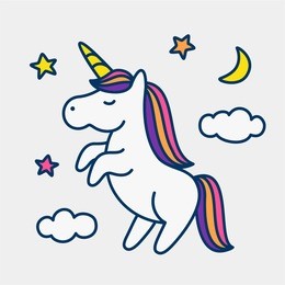 magic cute unicorn, stars, clouds and moon poster, greeting card, vector illustration with outline