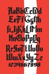 new modern custom gothic font. full alphabet set with digits on red background