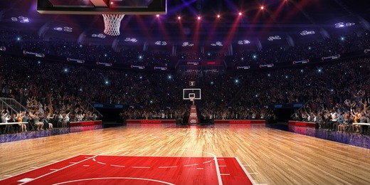 basketball court with people fan. sport arena.photoreal 3d render background. blured in long shot distance(like leans optical), a little noise (like photography) colour