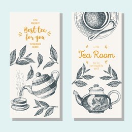 tea shop banner set. vertical flyer collection for tea design. linear graphic. vector illustration