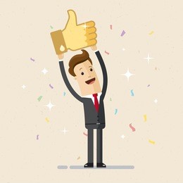 happy businessman with prize "thumbs up"  sign. businessman holds the prize over head. likes and positive feedback concept. vector, illustration, flat