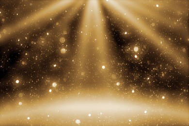stage light and goldenr glitter lights on floor. abstract christmas golden  festive background for display your product. spotlight realistic ray