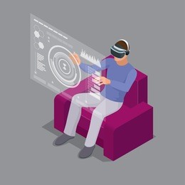 man sitting on sofa at home wearing virtual reality headset. technology, cyberspace and people concept